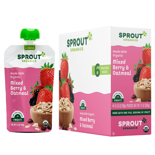 Sprout Organic Stage 2 Baby Food, Mixed Berry Oatmeal, 3.5 Oz Pouch, 6 Pack