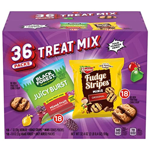 Keebler And Black Forest Variety Mix | 18 Keebler Fudge Stripe Mini Cookies And 18 Black Forest Juicy Burst Individually Wrapped Snacks, Treat Sized Pouches | 36 Ct Caddy, 32.4 Oz Box