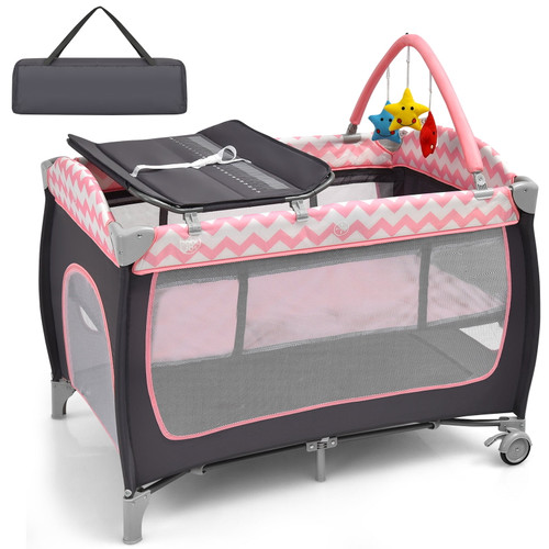 Infans 3 In 1 Baby Playard, Portable Infant Nursery Center With Toy Bar, Carry Bag, Pink