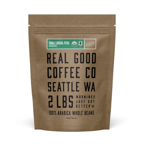 Real Good Coffee Company - Whole Bean Coffee - Organic Single Origin: Peru Medium Roast Coffee Beans - 2 Pound Bag - 100% Whole Arabica Beans - Grind At Home, Brew How You Like