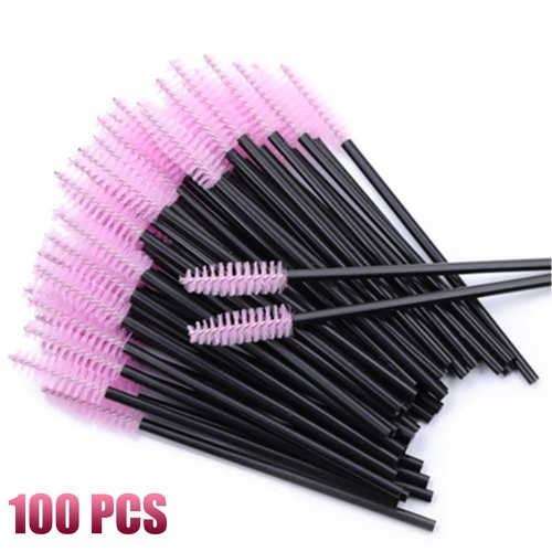 Fanjie 100pcs Disposable Eyelash Brushes Mascara Wands Eyebrow Spoolie Applicator Black+pink