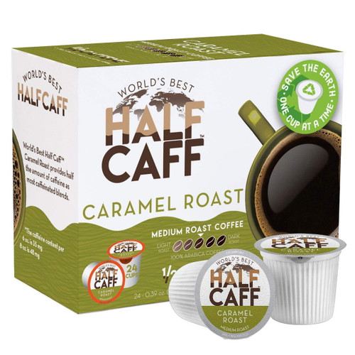 World's Best Half Caff Caramel Coffee 24ct. Solar Energy Produced Recyclable Single Serve Half Caff Caramel Coffee Pods - 100% Arabica Coffee California Roasted, Kcup Compatible