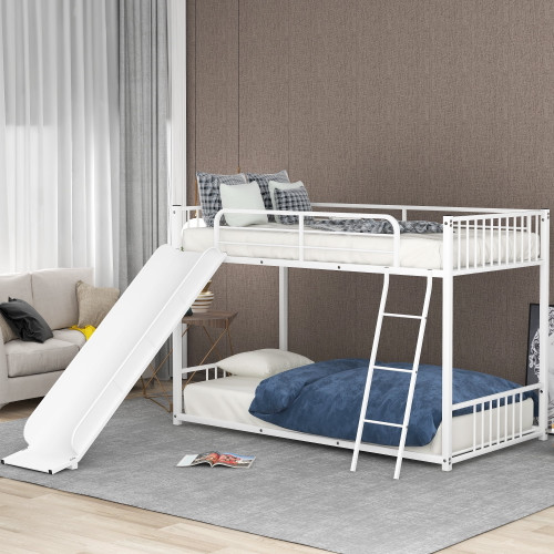 Metal Bunk Bed With Slide And Ladder, Loft Bunk Bed For Kids Teens Adults, Twin Over Twin Bed With Safety Guard Rails, Easy To Assemble,no Box Spring Required ,white