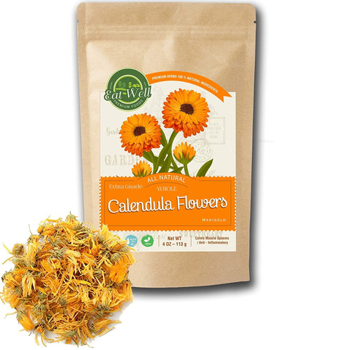 Calendula Flowers Tea | 4oz - 113 G | Whole Dried Calendula Flowers | Herbal Tea Marigold | Eat Well Premium Foods