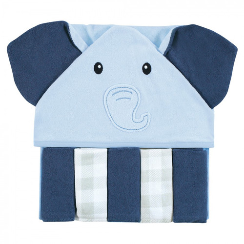 Hudson Baby Infant Boy Hooded Towel And Five Washcloths, Navy Blue Elephant, One Size