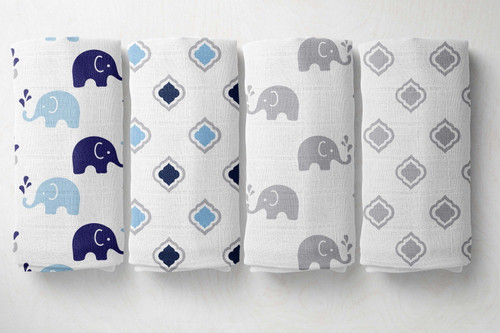 Bacati - Elephants 100% Cotton Muslin Swaddling Blankets Set Of 4, Blue/gray