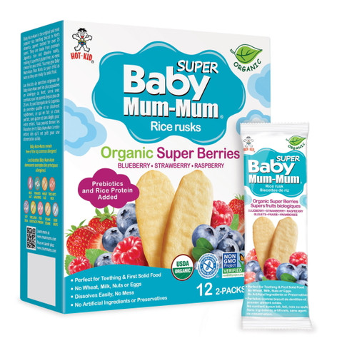 Hot Kid Super Baby Mum-mum Organic Rice Rusks Baby Snack, Blueberry Strawberry & Raspberry, 1.76 Oz Box, 24 Count