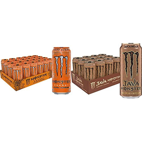 Monster Energy Ultra Sunrise, Sugar Free Energy Drink, 16 Ounce (pack Of 24) & Java Monster Loca Moca, Coffee + Energy Drink, 15 Ounce (pack Of 12)