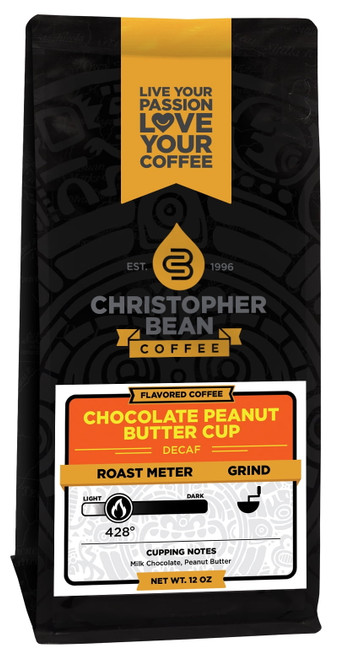 Chocolate Peanut Butter Cup Flavored Decaf Whole Bean Christopher Bean Coffee, 100% Arabica, No Sugar, No Fats, Made With Non-gmo Flavorings, 12 Oz Bag Of Coffee