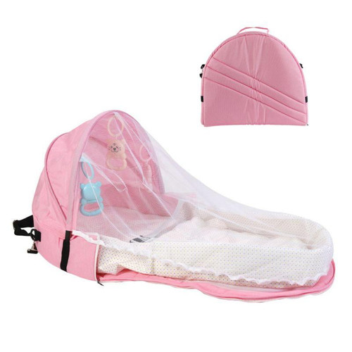 Portable Travel Baby Bed Portable Bassinet For Baby Foldable Baby Bed Travel Sun Protection Mosquito With Toys Travel Infant Bed Backpack-pink