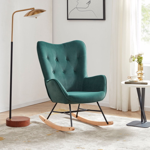 Belleze Modern Rocking Chair Tufted Upholstered Velvet Accent Rocker Chair Solid Wood Leg Wing Back Nursery Glider Armchair Single Sofa Chair For Living Room And Bedroom- Finnegan (green)