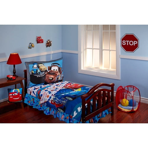 Disney Cartoon Pixar Cars 10 Pieces Comforter Sets, With Flat Sheet Fitted Sheet Pillowcase Dust Ruffle Pillow Wall Art Hamper Bag