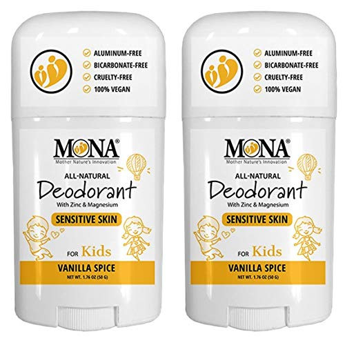 Mona Brands 100% Natural Deodorant For Kids | For Girls & Boys | Sensitive Skin | No Baking Soda | No Aluminum | Vegan, Non-gmo, Gluten & Cruelty Free | (2-pack Vanilla Spice, Full Size (1.7