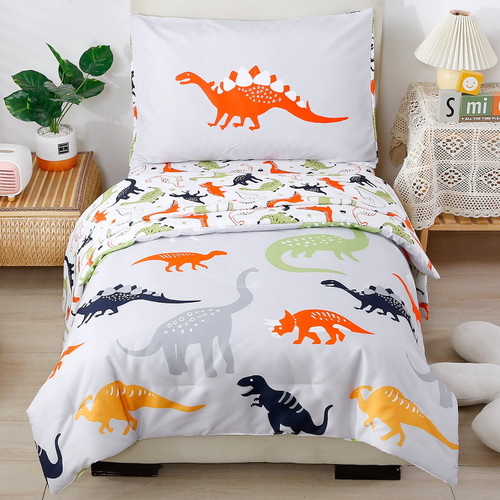Perfemet 4-piece Toddler Bedding Set - Ultra Soft Cartoon Jurassic Dinosaur Print Boys Toddler Comforter Set - Include Comforter, Flat Sheet, Fitted Sheet And Reversible Pillowcase, Gray Dinosaur