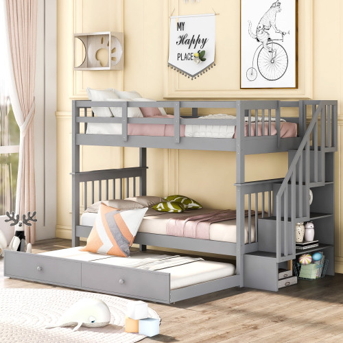Anysun Bunk Beds With Stairs - Wood Frame With Trundle - Twin - Gray