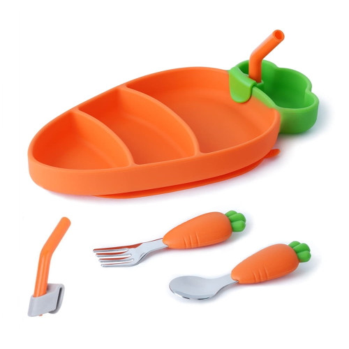 Toddler Plates Utensils Set For Baby, Silicone Plates Stay Put With Suction Feature, Baby Dishes Flatware Set Toddler Forks And Spoons Divided Design, Dishwasher Microwave Safe