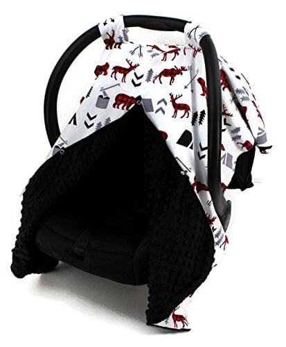 Dear Baby Gear Car Seat Canopy, Woodland Adventure Bear Moose Plaid, Minky Black