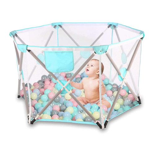 Baby Playpen, Playpen For Baby Foldable And Portable, Hexagonal Folding Playpen With Breathable Mesh And Storage Bag, Indoor And Outdoor Play Over 3 Years Old (green)
