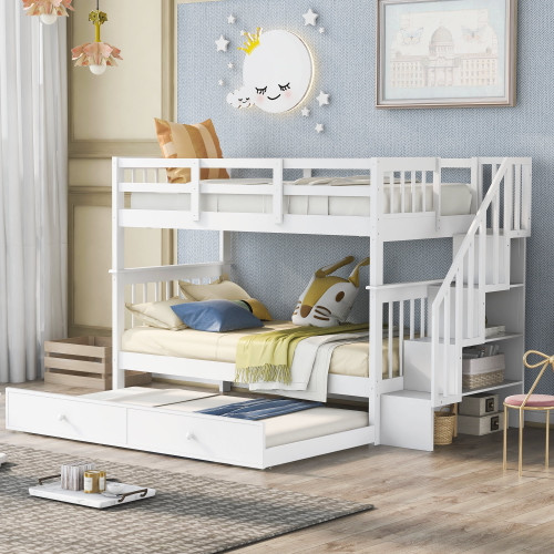 Anysun Bunk Beds With Stairs - Wood Frame With Trundle - Twin -white