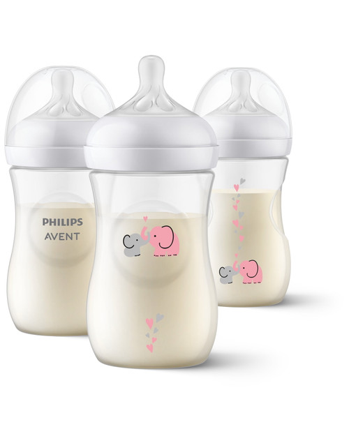 Philips Avent Natural Baby Bottle With Natural Response Nipple, With Pink Elephant Design, 9oz, 3pk, Scy903/62