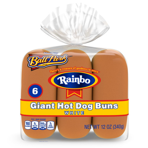 Rainbo Giant Hot Dog Buns White, 6 Count, 12 Oz