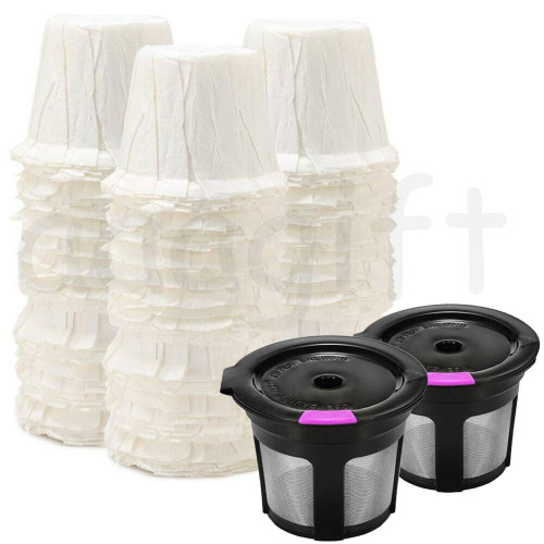 50 Pcs Disposable Paper Coffee Filters + 2 Piece Refillable Reusable Pods Keurig K-cup Ex Cup Single Serve Filter