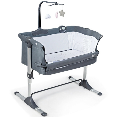 Gymax Portable Baby Bed Side Crib Height Adjustable W/ Music Box & Toys Dark Grey
