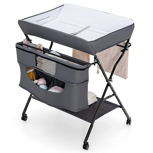 Kiaisxes Baby Changing Table, Adjustable Height Portable Diaper Station W/lockable Wheels, Safety Belt, Large Storage Rack & Bag, Folding Nursery Station (grey)