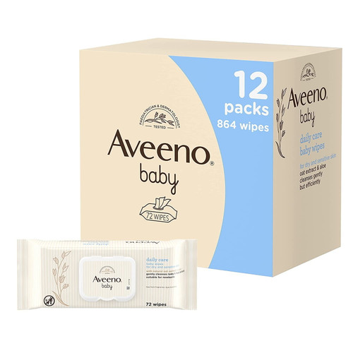 Aveeno Baby Daily Care Wipes - Cleanse Gently And Efficiently - Baby Wipes - Baby Essentials - 72 Wipes, Lid On Each Pack, Pack Of 12 864 Wipes In Total