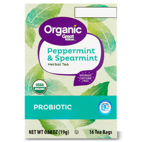 Great Value Organic Peppermint & Spearmint Probiotic Herbal Tea, 0.68 Oz, 16 Ct