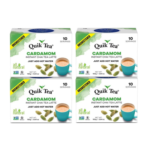 Quik Tea Unsweetened Cardamom Chai - 40 Count (4 Boxes Of 10 Each) - All Natural Preservative Free Single Serve Pouches Of Authentic Instant Chai Latte - Just Add Hot Water