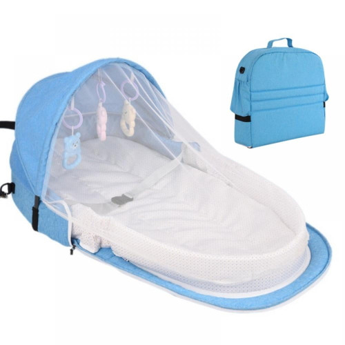 Fantadool Portable Travel Baby Bed Portable Bassinet For Baby Foldable Baby Bed Travel Sun Protection Mosquito With Toys Travel Infant Bed Backpack-blue