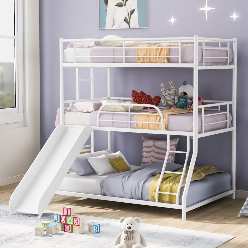 Anysun Metal Triple Bunk Bed For Kids And Teens - Twin Over Twin Over Full Bunk Bed With Built-in Slide, Ladder And Guardrails - White
