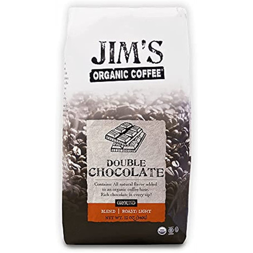 Jim’s Organic Coffee – Double Chocolate, All Natural Flavored Blend – Light Roast, Ground Coffee, 12 Oz Bag