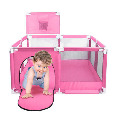 50in Large Foldable Baby Playpen Kids Playard 360° Safe Infant Play Game Fence W/ Breathable Mesh Zip Gate Basketball Hoop For 0-6 Year Old Indoor Outdoor, Pink