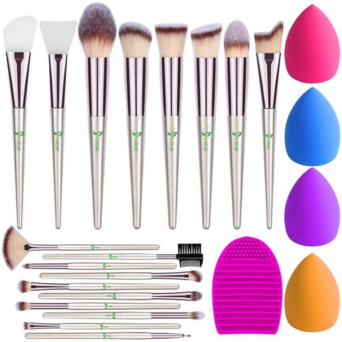 Ustar Makeup Brushes 18pcs Makeup Brush Set, Premium Synthetic Contour Concealers Foundation Powder Eye Shadows Makeup Brushes Kit 2 Pcs Silicone Face Mask Brush&4 Makeup Egg Contour &1 Brush Cleaner