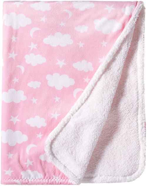 Spasilk Velboa Fleece Blanket With Thick Stitch Trim Accessory For Crib And Stroller, Pink Clouds