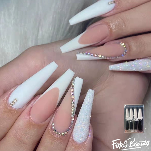 Fofosbeauty 24pcs Press On False Nail Tips Long Coffin Full Cover Fake Nails, Coffin French Heart Shape-black Friday Sale