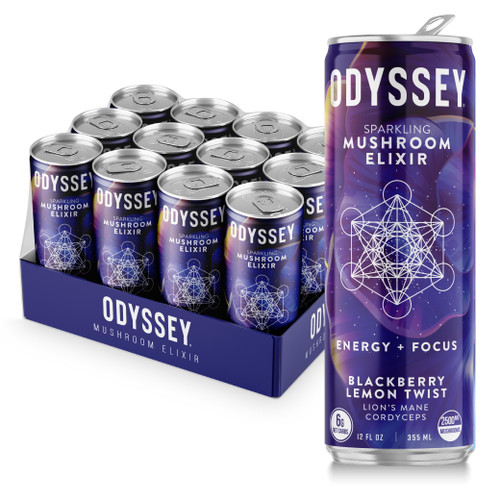 Odyssey Elixir Energy And Focus Sparkling Mushroom Drink, Blackberry Lemon Twist Flavor 12 Fl Oz (pack Of 12)