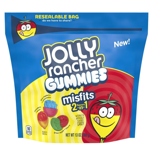 Jolly Rancher, Misfits 2-in-1 Assorted Fruit Flavored Gummies Candy, 13 Oz, Resealable Bag