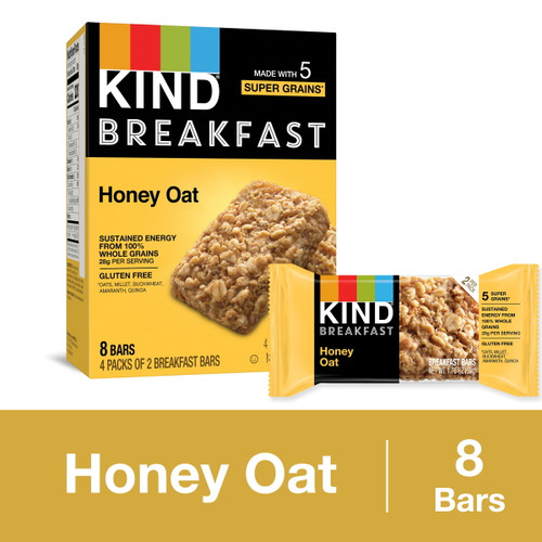 Kind Breakfast, Healthy Snack Bar, Honey Oat, Gluten Free Breakfast Bars, 100% Whole Grains, 1.76 Oz Packs (4 Count)