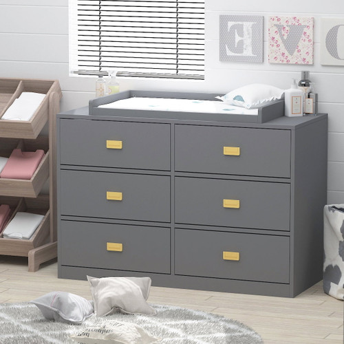 Fufu&gaga Children 6 Drawer Dresser With Changing Top, Ideal For Nursery And Kids Room, Gray