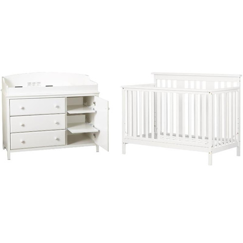 Baby Crib And Dresser Changing Table Set In Pure White - Set Of 2