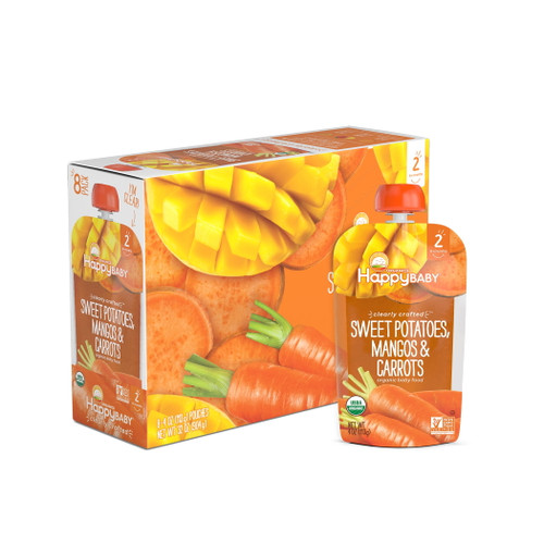 (8 Pouches) Happy Baby Organics Clearly Crafted Baby Food, Sweet Potatoes, Mangos & Carrots, 4 Oz