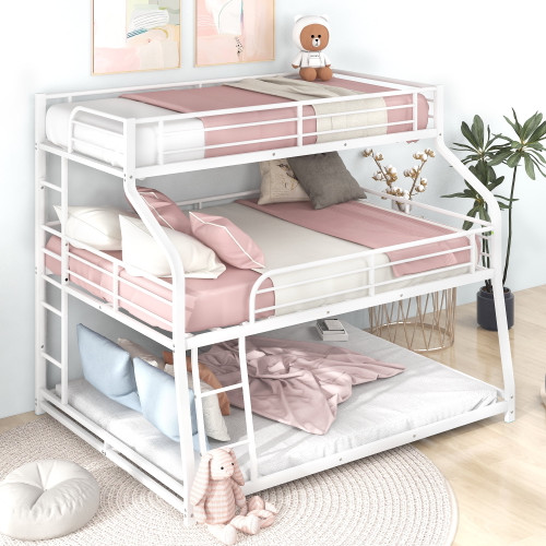 Metal Triple Bunk Bed Frames With Built-in Ladder And Full-length Safety Guardrails For Boys& Girls&teens, No Box Spring Needed Platform, Twin Xl Xl Over Queen, White