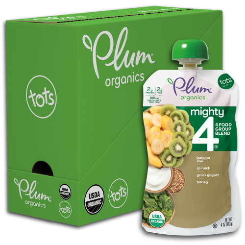 Plum Organics Mighty4 Toddler Baby Food, Banana Kiwi Spinach Greek Yogurt Barley, 4 Oz Pouch, 6 Count
