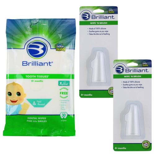 Brilliant Bundle With Tooth Tissues Xylitol Wipes Bubblegum Flavor 30 Count And Soft Silicone Wipe-n-brush Brush,clear 2 Pack