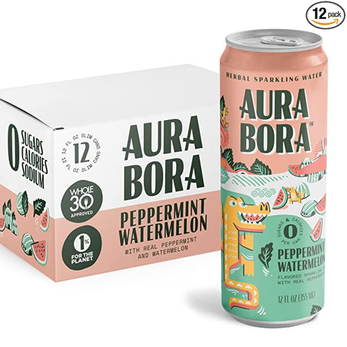 Peppermint Watermelon Herbal Sparkling Water By Aura Bora, 0 Calories, 0 Sugar, 0 Sodium, Non-gmo, 12 Oz Can (pack Of 12)