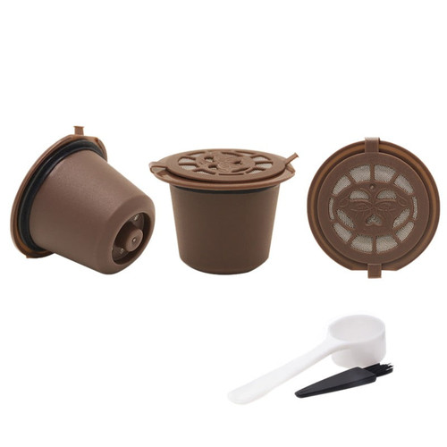 3-piece Reusable Coffee Capsule Cup Filter Set-refillable Coffee Capsule Filters K Cup Pod For Nespresso With Spoon And Brush, 20ml,brown