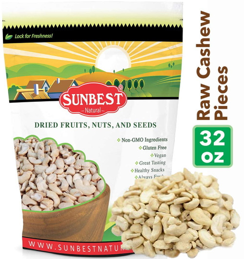 Sunbest Natural Cashew Pieces 2 Lbs / 32 Oz Raw Unsalted Unroasted In Resealable Bag